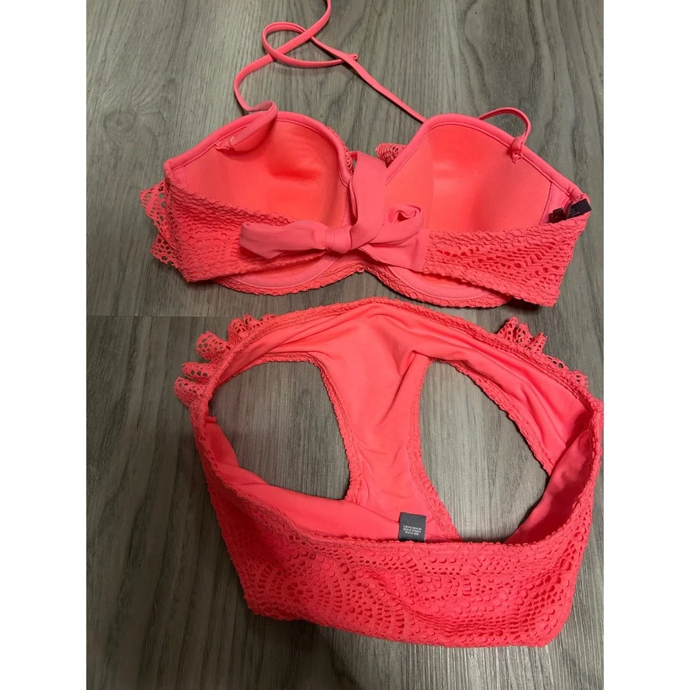 Aerie Womens Crochet Ruffle Bikini Set‎ 34D M Neon Pink Lace Underwire Swimsuit
